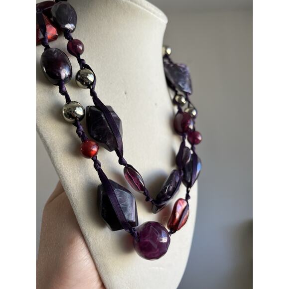VTG Acrylic Purple Beaded Gunmetal Purple Ribbon Statement Necklace 38” - Picture 2 of 5